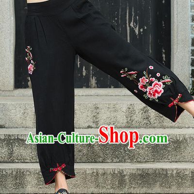 Traditional Chinese National Costume Loose Pants, Elegant Hanfu Embroidery Peony Black Bloomers, China Ethnic Minorities Folk Dance Tang Suit Pantalettes for Women