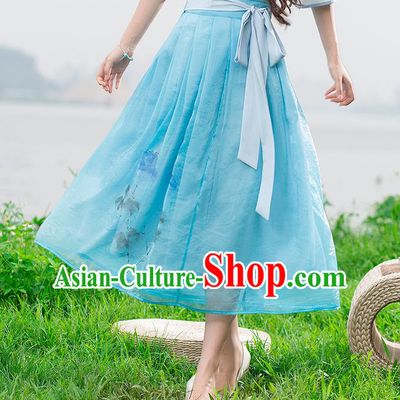 Traditional Ancient Chinese National Pleated Skirt Costume, Elegant Hanfu Chiffon Long Blue Dress, China Tang Dynasty Bust Skirt for Women