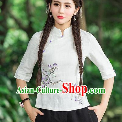 Traditional Chinese National Costume, Elegant Hanfu Printing Flowers Slant Opening Shirt, China Tang Suit Republic of China Blouse Cheongsam Upper Outer Garment Qipao Shirts Clothing for Women