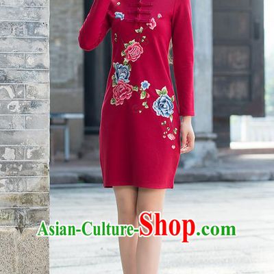 Traditional Ancient Chinese National Costume, Elegant Hanfu Mandarin Qipao Linen Embroidery Red Dress, China Tang Suit Plated Buttons Chirpaur Republic of China Cheongsam Upper Outer Garment Elegant Dress Clothing for Women