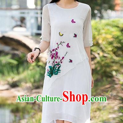 Traditional Ancient Chinese National Costume, Elegant Hanfu Qipao Linen Printing Dress, China Tang Suit Upper Outer Garment Elegant Dress Clothing for Women