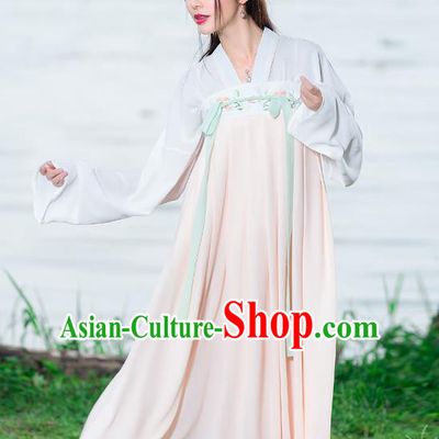 Traditional Ancient Chinese National Costume, Elegant Hanfu Embroidery Blouse and Dress, China Tang Dynasty Upper Outer Garment Elegant Pink Dress Clothing for Women
