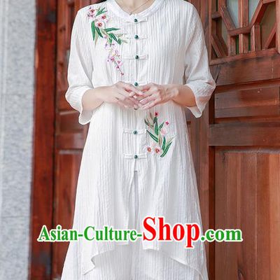 Traditional Ancient Chinese National Costume, Elegant Hanfu Embroidery Cardigan Linen White Coat, China Tang Suit Plated Buttons Cape, Upper Outer Garment Dust Coat Cloak Clothing for Women