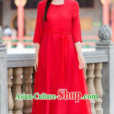 Traditional Ancient Chinese National Costume, Elegant Hanfu Mandarin Qipao Linen Red Dress, China Tang Suit Chirpaur Republic of China Cheongsam Upper Outer Garment Elegant Dress Clothing for Women