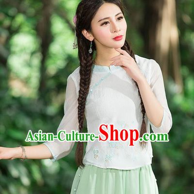 Traditional Chinese National Costume, Elegant Hanfu Embroidery Flowers Slant Opening Organza Shirt, China Tang Suit Republic of China Blouse Cheongsam Upper Outer Garment Qipao Shirts Clothing for Women