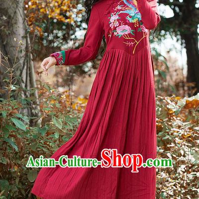 Traditional Ancient Chinese National Costume, Elegant Hanfu Mandarin Qipao Linen Embroidery Phoenix Red Dress, China Tang Suit National Minority Dance Elegant Dress Clothing for Women