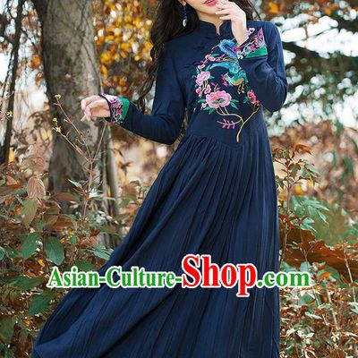 Traditional Ancient Chinese National Costume, Elegant Hanfu Mandarin Qipao Linen Embroidery Phoenix Navy Dress, China Tang Suit National Minority Dance Elegant Dress Clothing for Women