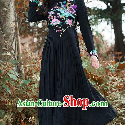 Traditional Ancient Chinese National Costume, Elegant Hanfu Mandarin Qipao Linen Embroidery Phoenix Black Dress, China Tang Suit National Minority Dance Elegant Dress Clothing for Women