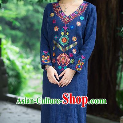 Traditional Ancient Chinese National Costume, Elegant Hanfu Mandarin Qipao Linen Embroidery Blue Dress, China Tang Suit National Minority Dance Elegant Dress Clothing for Women