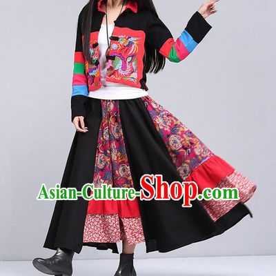 Traditional Ancient Chinese National Pleated Skirt Costume, Elegant Hanfu Parquet Red Long Dress, China Tang Suit National Minority Dance Big Swing Bust Skirt for Women