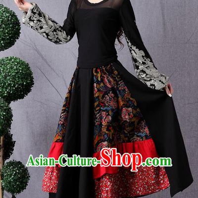 Traditional Ancient Chinese National Pleated Skirt Costume, Elegant Hanfu Parquet Navy Long Dress, China Tang Suit National Minority Dance Big Swing Bust Skirt for Women