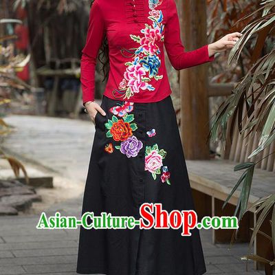 Traditional Ancient Chinese National Pleated Skirt Costume, Elegant Hanfu Embroidery Peony Flowers Long Black Skirt, China Tang Suit Bust Skirt for Women