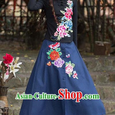 Traditional Ancient Chinese National Pleated Skirt Costume, Elegant Hanfu Embroidery Peony Flowers Long Blue Skirt, China Tang Suit Bust Skirt for Women