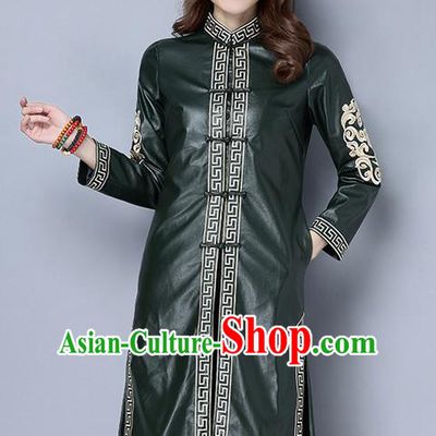 Traditional Ancient Chinese National Costume, Elegant Hanfu Stand Collar Green PU Coat Robes, China Tang Suit Plated Buttons Cape, Upper Outer Garment Dust Coat Clothing for Women