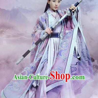 Traditional Ancient Chinese Elegant Swordsman Costume, Chinese Han Dynasty Taoist Nun Kung fu Master Dress, Cosplay Chinese Television Drama Jade Dynasty Qing Yun Faction Peri Hanfu Trailing Embroidery Clothing for Women