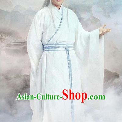 Traditional Ancient Chinese Elegant Swordsman Costume, Chinese Han Dynasty Taoist Priest Robes Kung fu Master White Dress, Cosplay Chinese Television Drama Jade Dynasty Qing Yun Faction Owners Hanfu Clothing for Men
