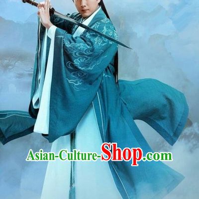 Traditional Ancient Chinese Elegant Swordsman Costume, Chinese Han Dynasty Taoist Priest Robes Kung fu Master Dress, Cosplay Chinese Television Drama Jade Dynasty Qing Yun Faction Elder Hanfu Clothing for Men