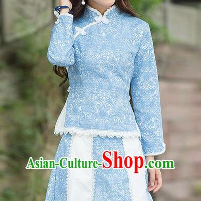 Traditional Chinese National Costume, Elegant Hanfu Slant Opening Blue Shirt and Skirt, China Tang Suit Republic of China Plated Buttons Blouse and Skirt Cheongsam Upper Outer Garment Qipao Shirts Clothing for Women