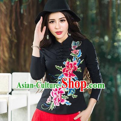 Traditional Chinese National Costume, Elegant Hanfu Embroidery Peony Flowers Stand Collar Black T-Shirt, China Tang Suit Republic of China Blouse Cheongsam Upper Outer Garment Qipao Shirts Clothing for Women