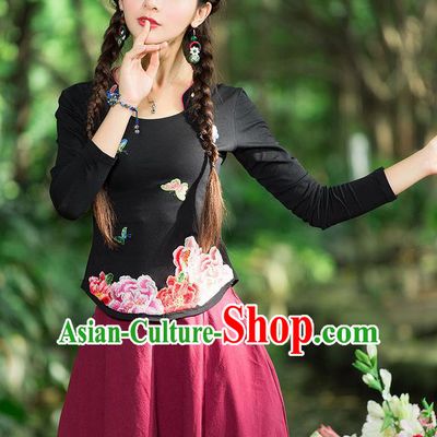 Traditional Chinese National Costume, Elegant Hanfu Embroidery Peony Flowers Black T-Shirt, China Tang Suit Republic of China Blouse Cheongsam Upper Outer Garment Qipao Shirts Clothing for Women