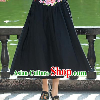 Traditional Ancient Chinese National Pleated Skirt Costume, Elegant Hanfu Embroidery Flowers Belt Long Black Skirt, China Tang Suit Bust Skirt for Women