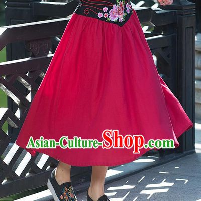 Traditional Ancient Chinese National Pleated Skirt Costume, Elegant Hanfu Embroidery Flowers Belt Long Red Skirt, China Tang Suit Bust Skirt for Women
