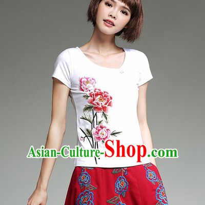 Traditional Chinese National Costume, Elegant Hanfu Embroidery Peony Flowers Round Collar White T-Shirt, China Tang Suit Republic of China Blouse Cheongsam Upper Outer Garment Qipao Shirts Clothing for Women