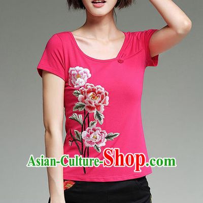 Traditional Chinese National Costume, Elegant Hanfu Embroidery Peony Flowers Round Collar Pink T-Shirt, China Tang Suit Republic of China Blouse Cheongsam Upper Outer Garment Qipao Shirts Clothing for Women