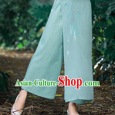 Traditional Chinese National Costume Loose Pants, Elegant Hanfu Hand Painting Bamboo Leaves Wide-leg Green Trousers, China Ethnic Minorities Folk Dance Baggy Pants for Women