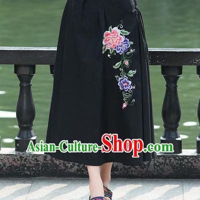 Traditional Ancient Chinese National Pleated Skirt Costume, Elegant Hanfu Embroidery Peony Flowers Long Black Linen Skirt, China Tang Suit Bust Skirt for Women