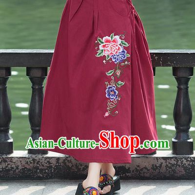 Traditional Ancient Chinese National Pleated Skirt Costume, Elegant Hanfu Embroidery Peony Flowers Long Red Linen Skirt, China Tang Suit Bust Skirt for Women