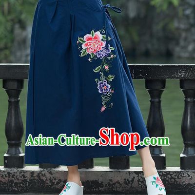 Traditional Ancient Chinese National Pleated Skirt Costume, Elegant Hanfu Embroidery Peony Flowers Long Navy Linen Skirt, China Tang Suit Bust Skirt for Women