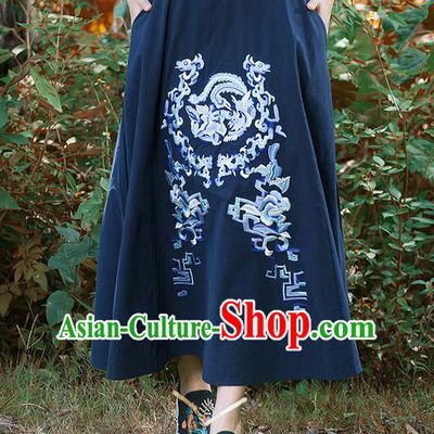 Traditional Ancient Chinese National Pleated Skirt Costume, Elegant Hanfu Embroidery Dragon and Phoenix Totem Long Navy Linen Skirt, China Tang Suit Bust Skirt for Women