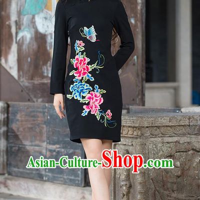 Traditional Ancient Chinese National Costume, Elegant Hanfu Mandarin Qipao Embroidery Flowers Black Dress, China Tang Suit Chirpaur Republic of China Stand Collar Cheongsam Elegant Dress Clothing for Women