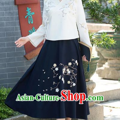 Traditional Ancient Chinese National Pleated Skirt Costume, Elegant Hanfu Embroidery Wintersweet Flowers Long Navy Skirt, China Tang Suit Bust Skirt for Women