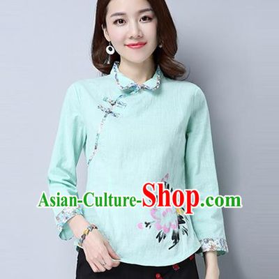 Traditional Chinese National Costume, Elegant Hanfu Painting Peony Flowers Slant Opening Green Shirt, China Tang Suit Republic of China Plated Buttons Blouse Cheongsam Upper Outer Garment Qipao Shirts Clothing for Women