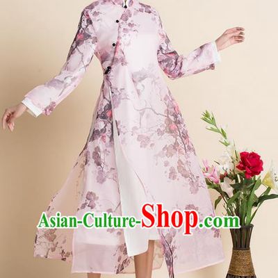 Traditional Ancient Chinese National Costume, Elegant Hanfu Mandarin Qipao Organza Printing Dress, China Tang Suit Chirpaur Republic of China Stand Collar Cheongsam Upper Outer Garment Elegant Dress Clothing for Women