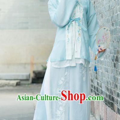 Traditional Ancient Chinese Costume, Elegant Hanfu Clothing Embroidered Blue Cardigan Blouse Sun-top and Pants, China Song Dynasty Princess Elegant Blouse and Trousers Complete Set for Women