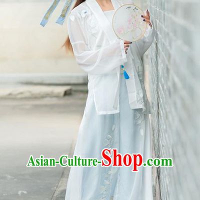 Traditional Ancient Chinese Costume, Elegant Hanfu Clothing Embroidered White Cardigan Blouse Sun-top and Pants, China Song Dynasty Princess Elegant Blouse and Trousers Complete Set for Women