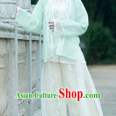 Traditional Ancient Chinese Costume, Elegant Hanfu Clothing Embroidered Green Cardigan Blouse Sun-top and Pants, China Song Dynasty Princess Elegant Blouse and Trousers Complete Set for Women