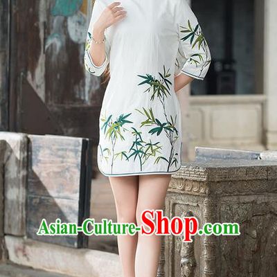 Traditional Ancient Chinese National Costume, Elegant Hanfu Mandarin Qipao Embroidery Bamboo White Dress, China Tang Suit Chirpaur Republic of China Stand Collar Cheongsam Elegant Dress Clothing for Women