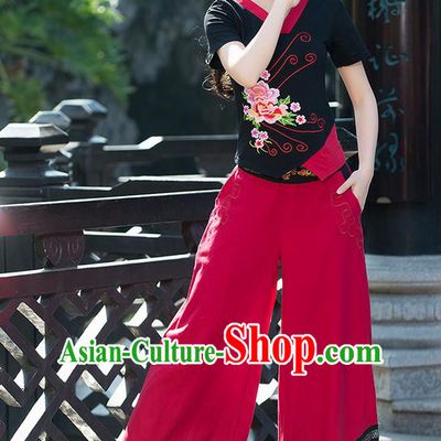 Traditional Chinese National Costume Loose Pants, Elegant Hanfu Embroidered Red Wide-leg Trousers, China Ethnic Minorities Folk Dance Baggy Pants for Women