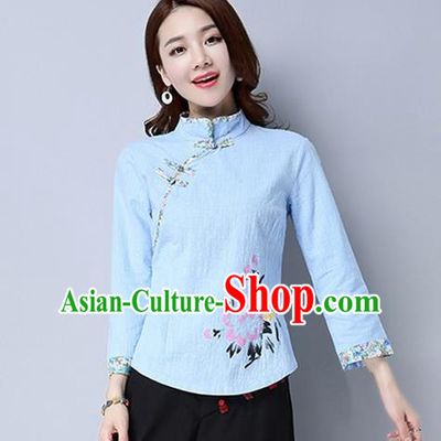Traditional Chinese National Costume, Elegant Hanfu Painting Peony Flowers Slant Opening Blue Shirt, China Tang Suit Republic of China Plated Buttons Blouse Cheongsam Upper Outer Garment Qipao Shirts Clothing for Women