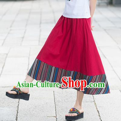Traditional Ancient Chinese National Pleated Skirt Costume, Elegant Hanfu Flowers Long Red Skirt, China National Minority Tang Suit Big Swing Bust Skirt for Women