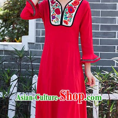 Traditional Ancient Chinese National Costume, Elegant Hanfu Linen Patch Embroidery Flowers Red Dress, China Tang Suit Mandarin Sleeve Chirpaur Cheongsam Elegant Dress Clothing for Women