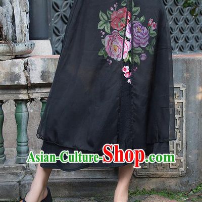 Traditional Ancient Chinese National Pleated Skirt Costume, Elegant Hanfu Embroidery Peony Flowers Double-deck Long Black Skirt, China Tang Suit Bust Skirt for Women