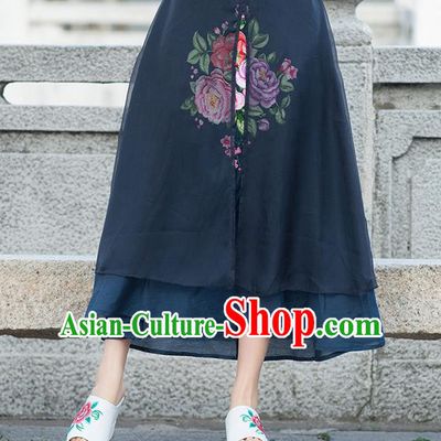 Traditional Ancient Chinese National Pleated Skirt Costume, Elegant Hanfu Embroidery Peony Flowers Double-deck Long Navy Skirt, China Tang Suit Bust Skirt for Women