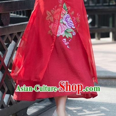 Traditional Ancient Chinese National Pleated Skirt Costume, Elegant Hanfu Embroidery Peony Flowers Double-deck Long Red Skirt, China Tang Suit Bust Skirt for Women