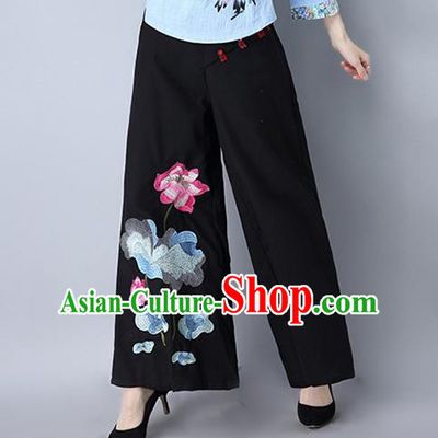 Traditional Chinese National Costume Loose Pants, Elegant Hanfu Embroidered Lotus Wide-leg Black Trousers, China Ethnic Minorities Folk Dance Baggy Pants for Women