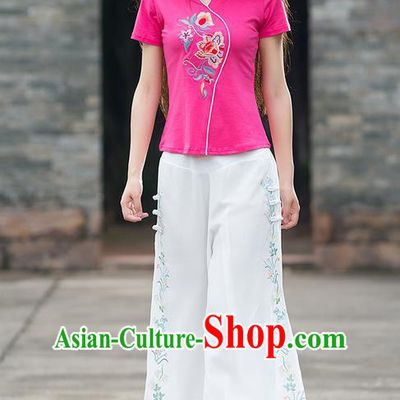 Traditional Chinese National Costume Loose Pants, Elegant Hanfu Embroidered Wide-leg White Chiffon Trousers, China Ethnic Minorities Folk Dance Baggy Pants for Women